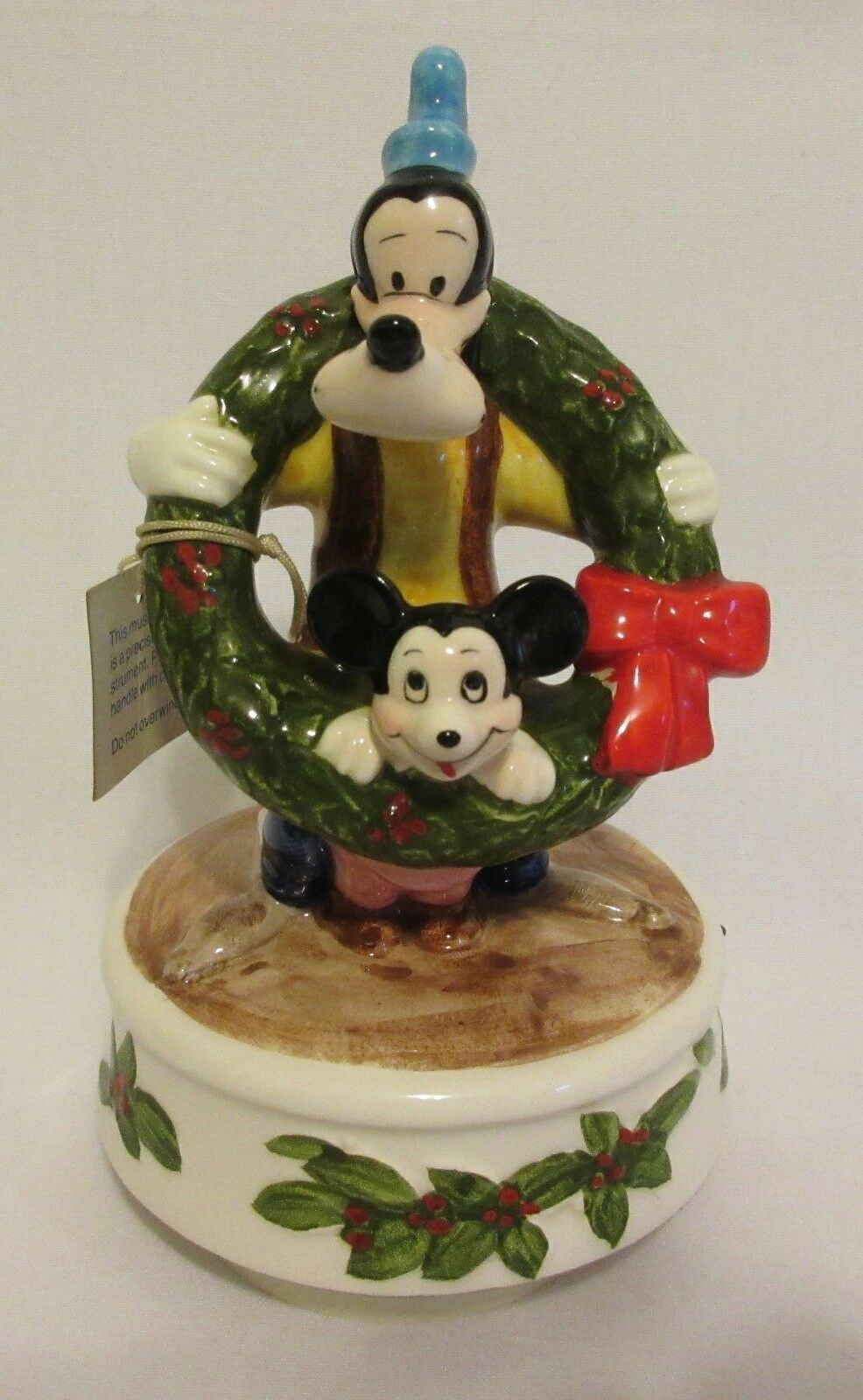 Vintage Schmid Goofy Mickey Music Box \'81 Rudolph Christmas Wreath Ceramic #4319