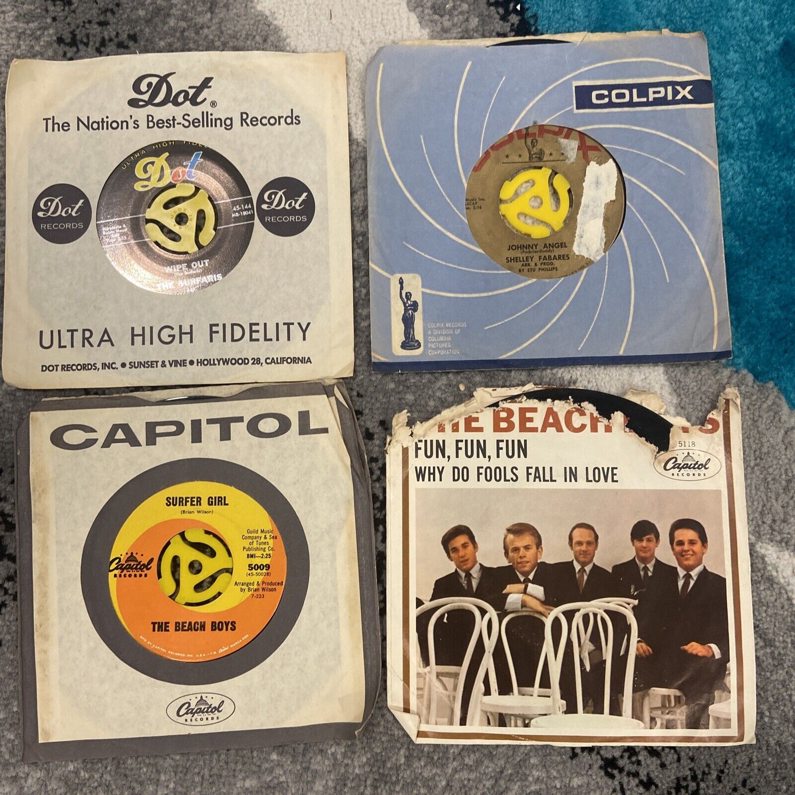 Lot of 4 Vintage 1950's, 60's 45 RPM Records Beach Boys, S. Fabares, Surfaris