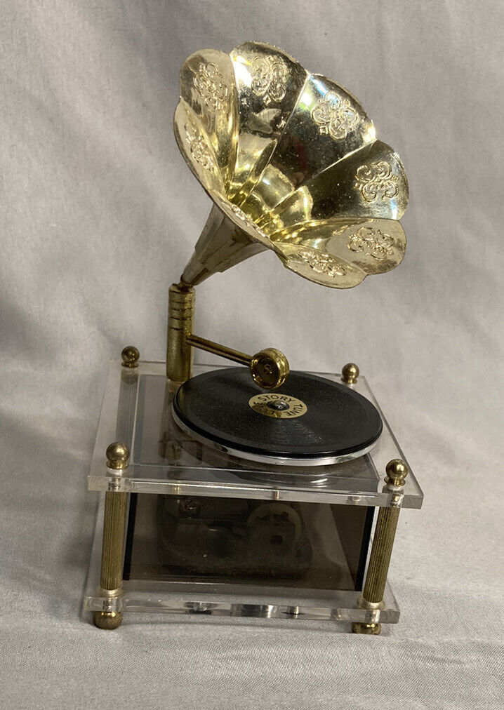 Vintage Lucite Gramophone Music Box Love Tune Square Smokey Lucite 