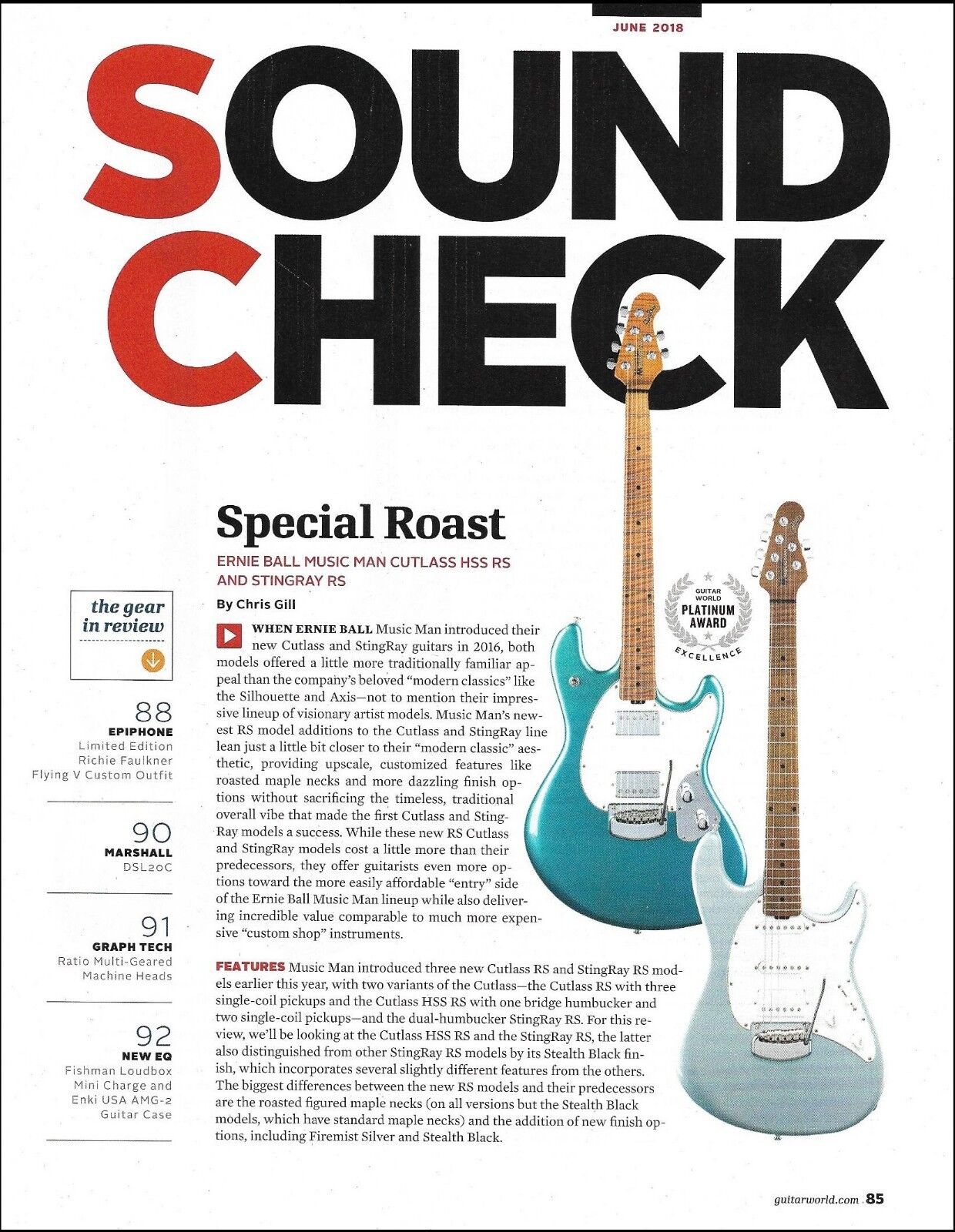 Ernie Ball Music Man Cutlass HSS Stingray RS guitar 2-page sound check review