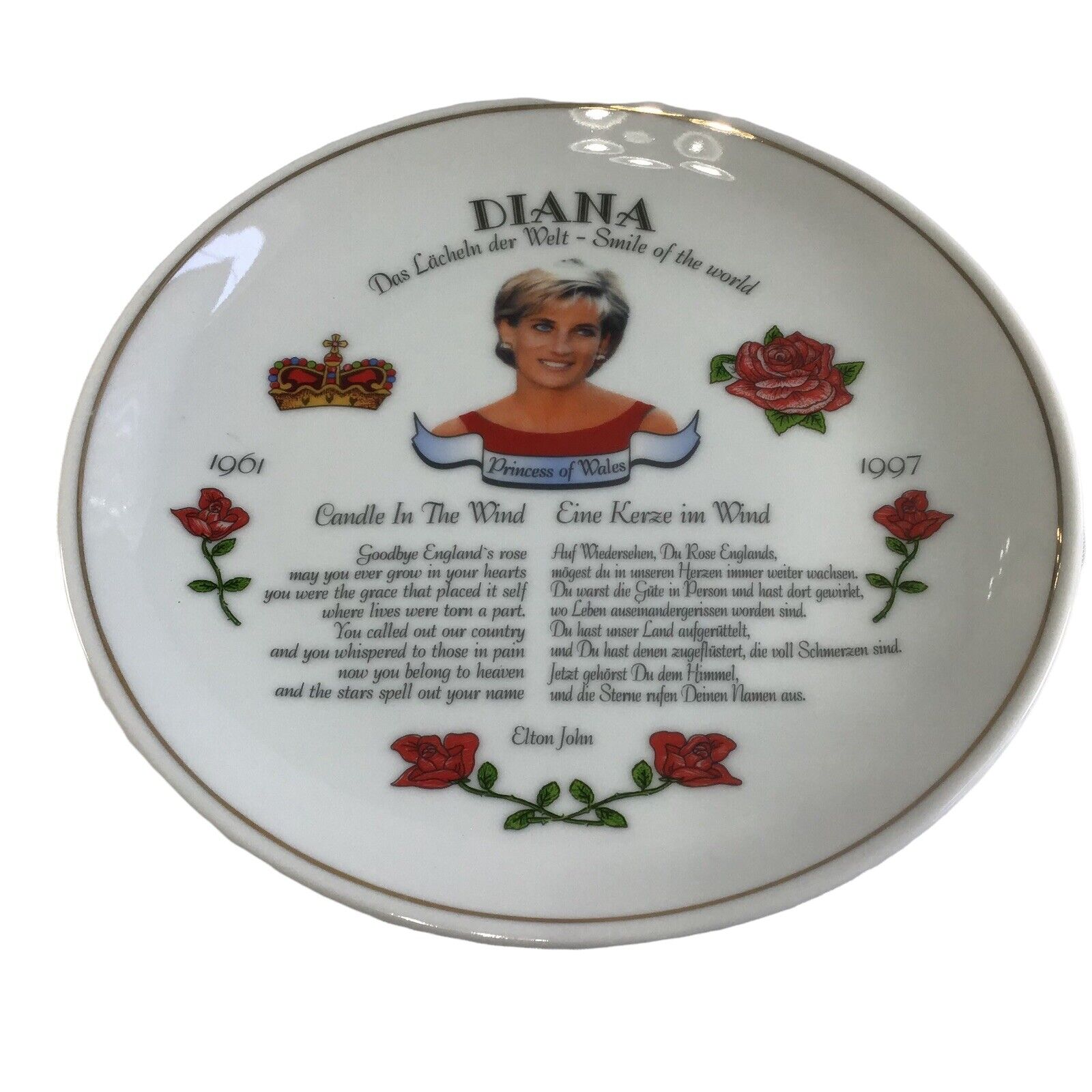 VINTAGE PRINCESS DIANA CANDLE IN THE WIND PLATE LYRICS IN ENGLISH AND GERMAN 
