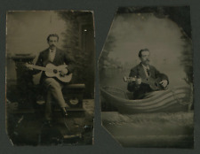 Two Tintypes of Man Playing Left-Hand Guitar In Different Studio Settings 1890s picture