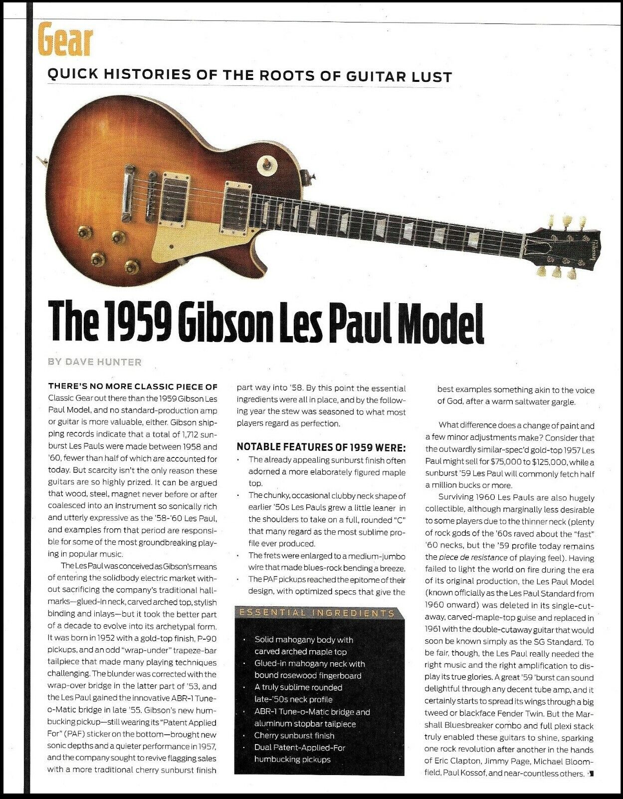 The 1959 Gibson Les Paul Model 2016 guitar history article 8 x 11 print