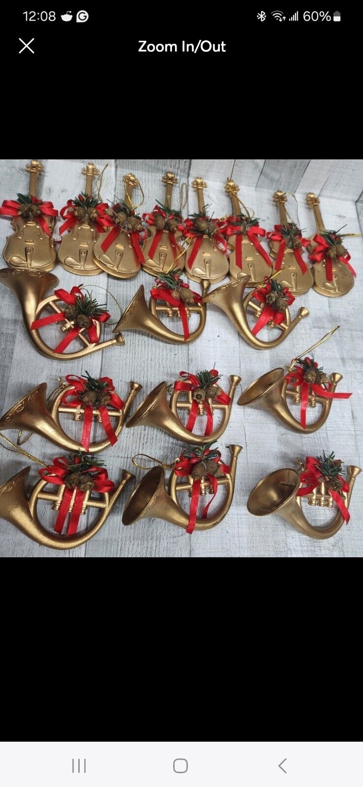 Vintage Gold Music Christmas Ornament Instruments Horn Violin Plastic Lot of 17