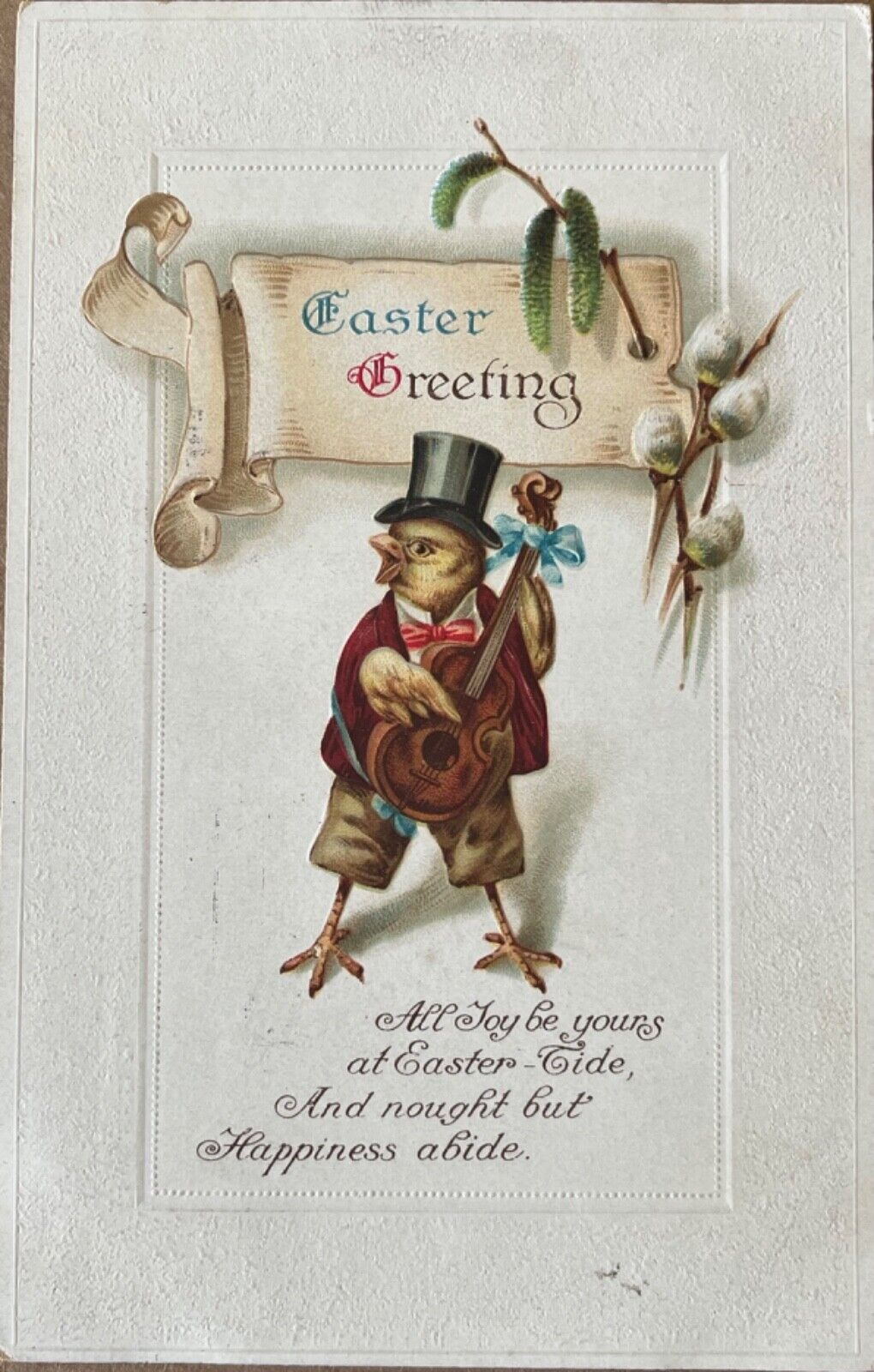 Antique Easter Postcard Anthropomorphic Chick Playing Guitar Top Hat c1910