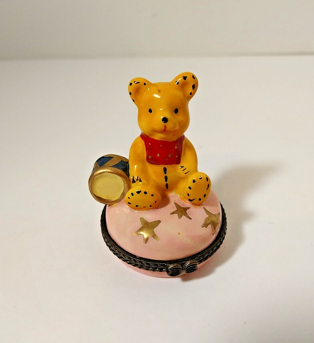 Porcelain Hinged Trinket Box Teddy Pooh Bear with Drum Round Pink Base