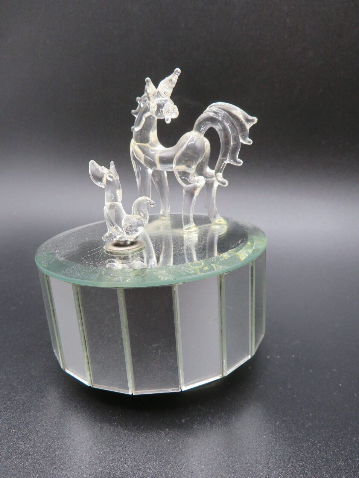 Vintage Music Box Carousel Glass Unicorn and Dog Figurine-Mirror Panels