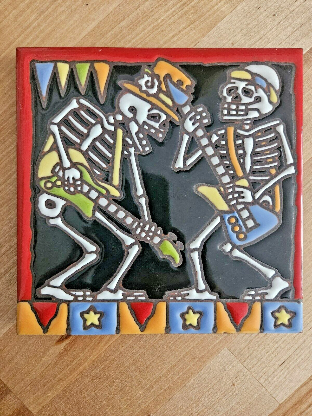Day Of The Dead Mexican Folk Art Tile Skeleton Guitar Players Stars Earthtones