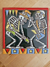 Earthtones Day Of The Dead Dia De Los Muertos HandGlazed Tile Guitar Players 6x6 picture
