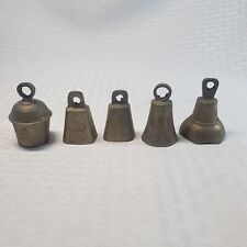 Lot of 5 Vintage Mini Brass Bells Marked India Decorated Slashes Carvings. picture