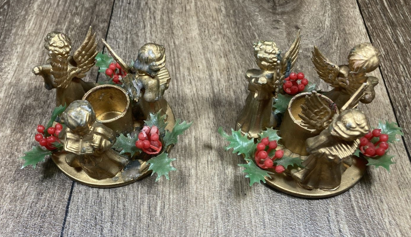 Vintage Gold Plastic Christmas Holiday Musical Angel Candleholder Set Hong Kong