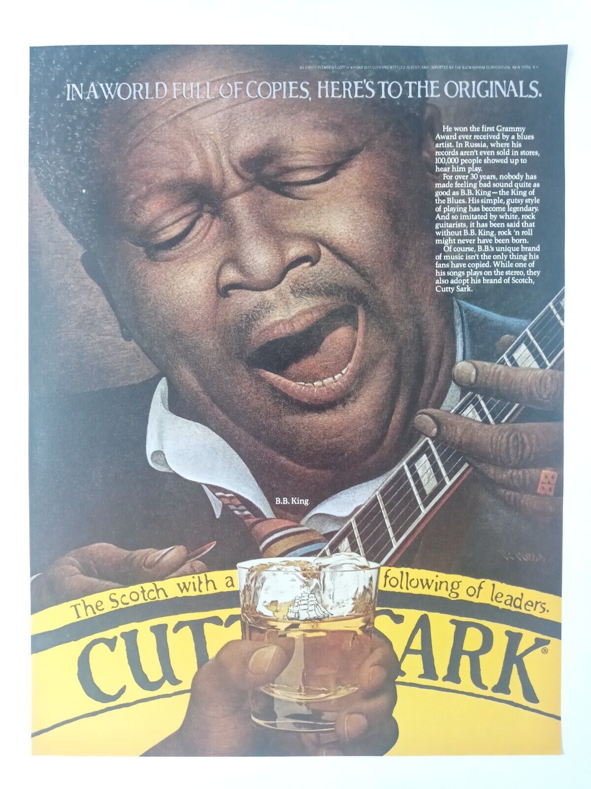 1980s BB King Guitar CUTTY SARK Scotch Whiskey Colorful Vintage Poster Print Ad