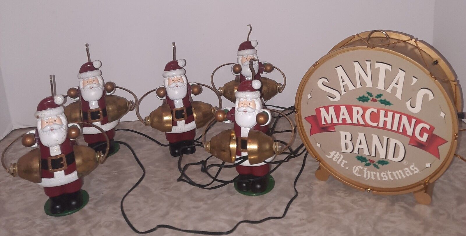 Vintage Mr Christmas Five Santas Drum Marching Band Carols Bells