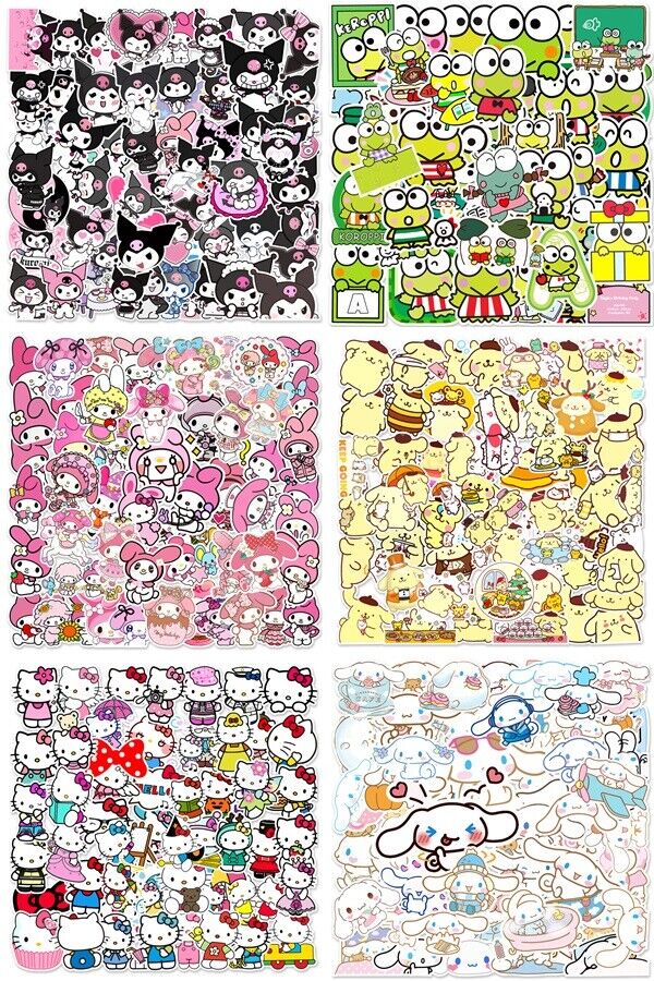 300pcs My Melody Kuromi Hello Kitty Stickers Skateboard Guitar Luggage Decals