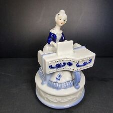 Vintage Taiwan Music Box Ceramic Blue And White Woman Playing A Piano Rotating picture