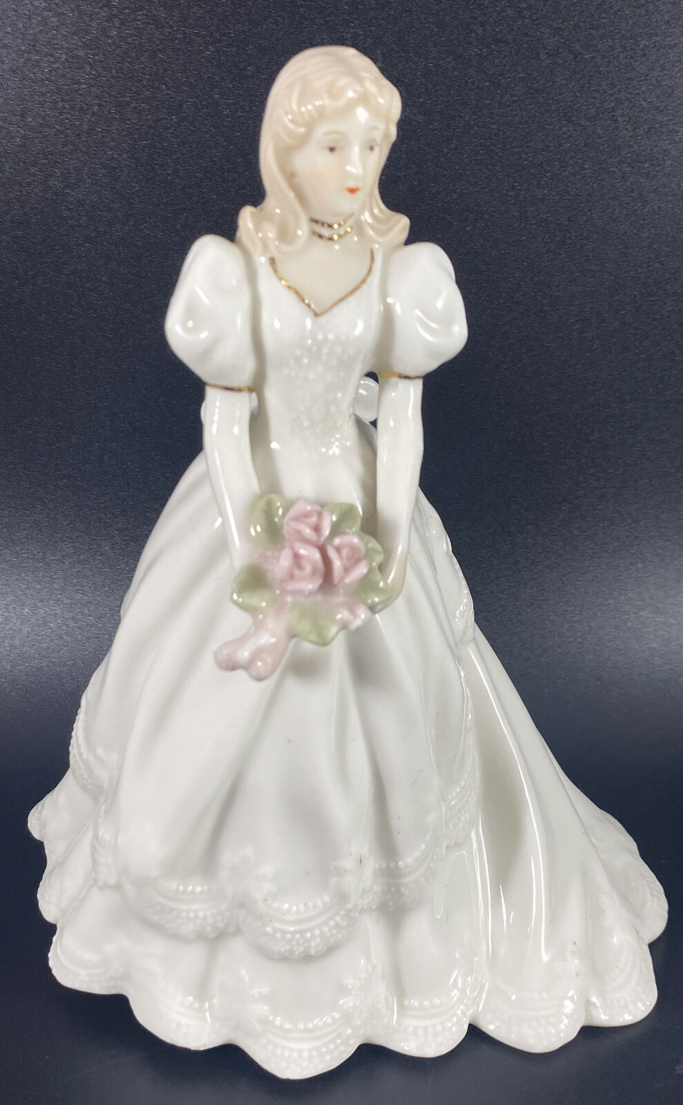 Vintage Bride Bridesmaid Rose Bouquet Porcelain Wedding Music Box