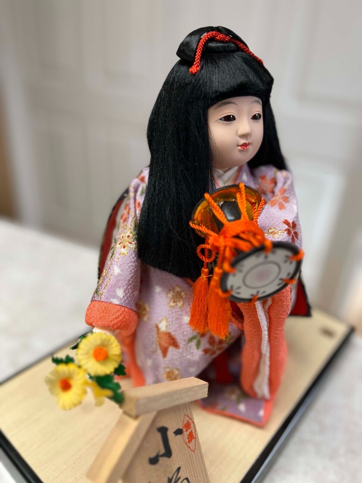 traditional ichimatsu doll in kimono holding a drum (w/glass display case)