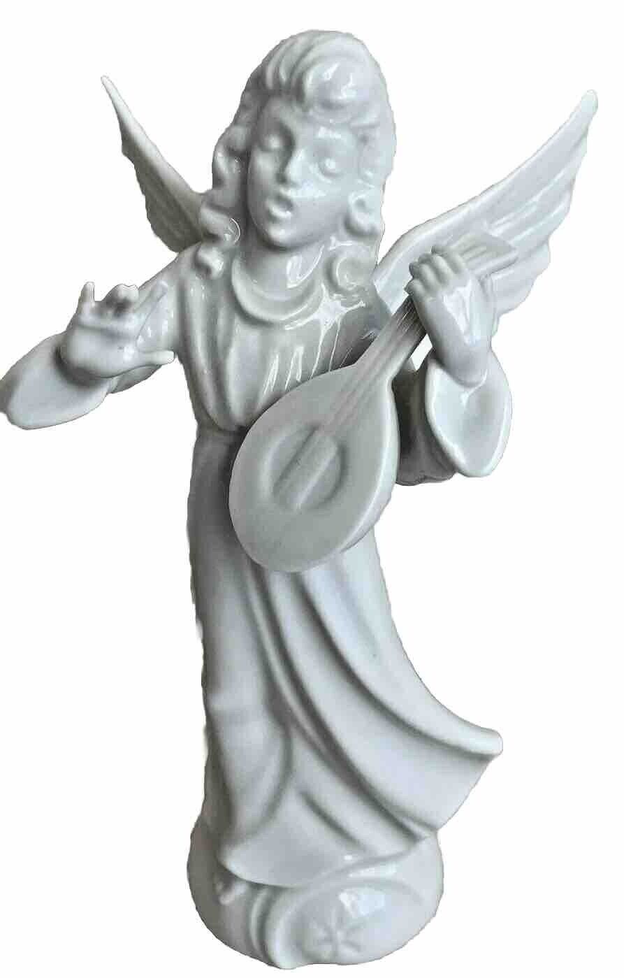 Vintage White Porcelain Angel Figurine Statue Music Ukulele Guitar Holiday 6”