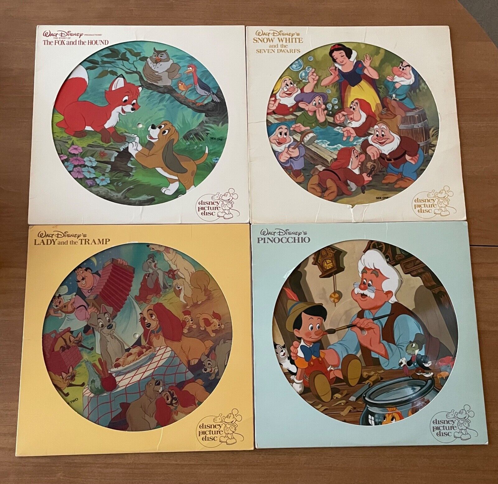 Lot Of 4Disney Vinyl Picture Discs Snow White Fox and the Hound Lady tramp Pinoc
