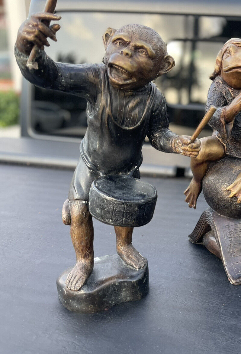 Bronze Metal Monkey Playing Drums Sculpture Statue Figure 16”