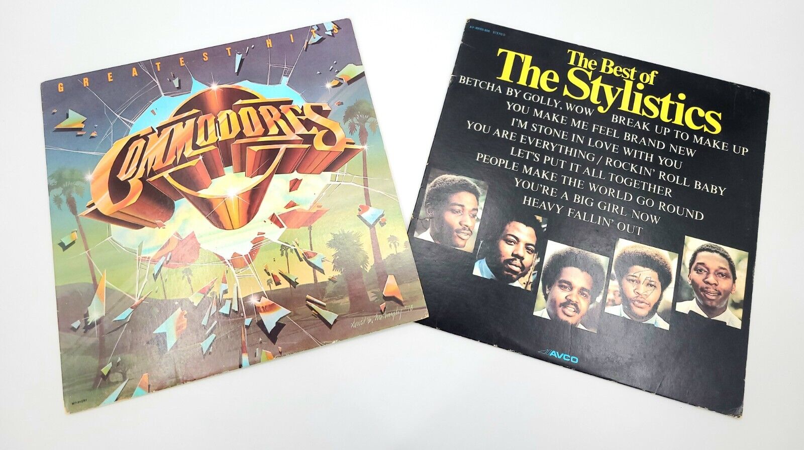 Vintage Commodores Stylistics Greatest Hits Vinyl LP 2 Album Bundle
