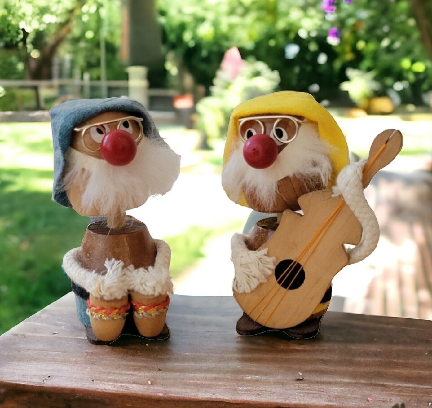 1982 Kurt S. Adler BobbleHeads Wooden Bongo Guitar 2 Vtg Figurines Elf Musicians