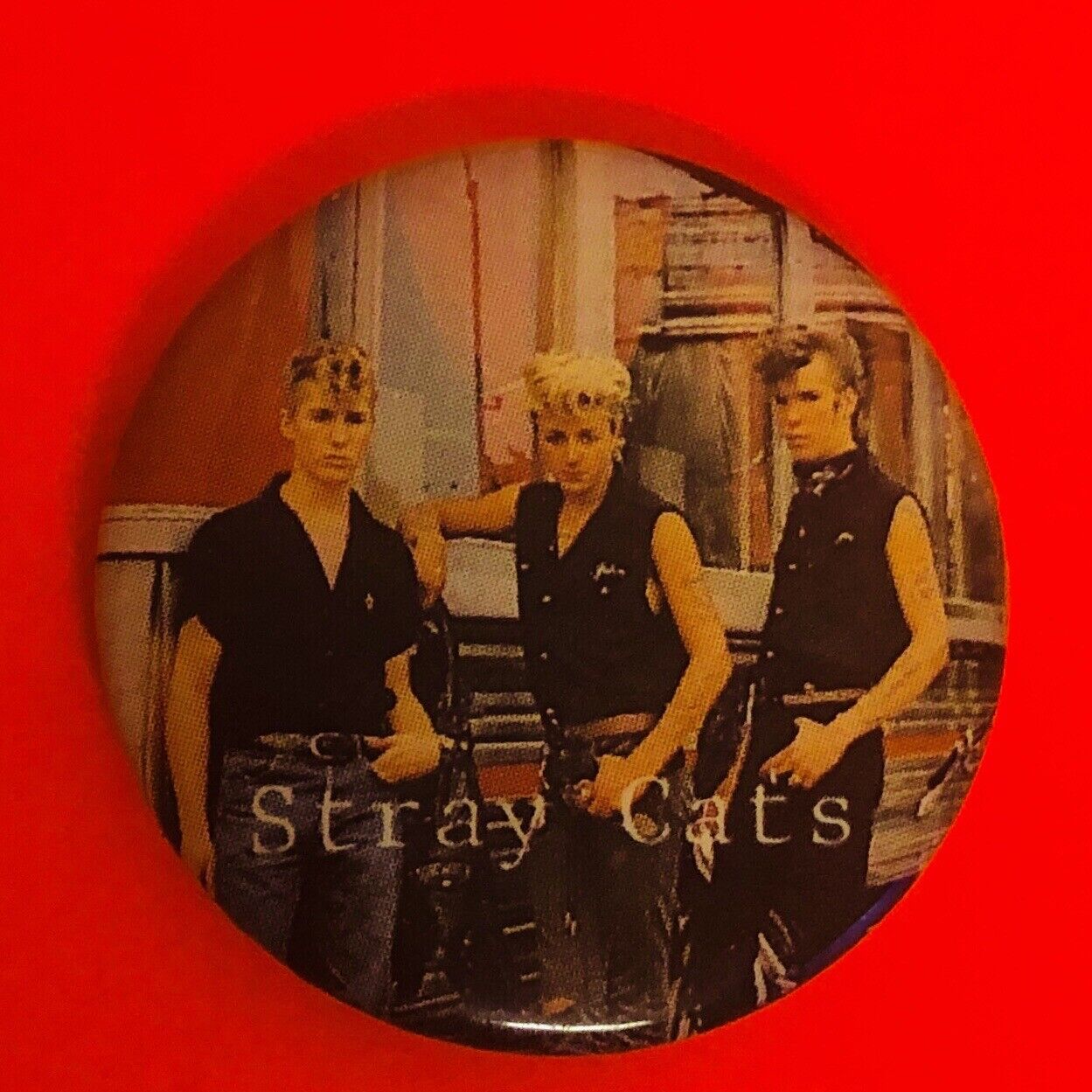 STRAY CATS band Pin VINTAGE 80s Pinback Button Rockabilly Rock Badge 1980s