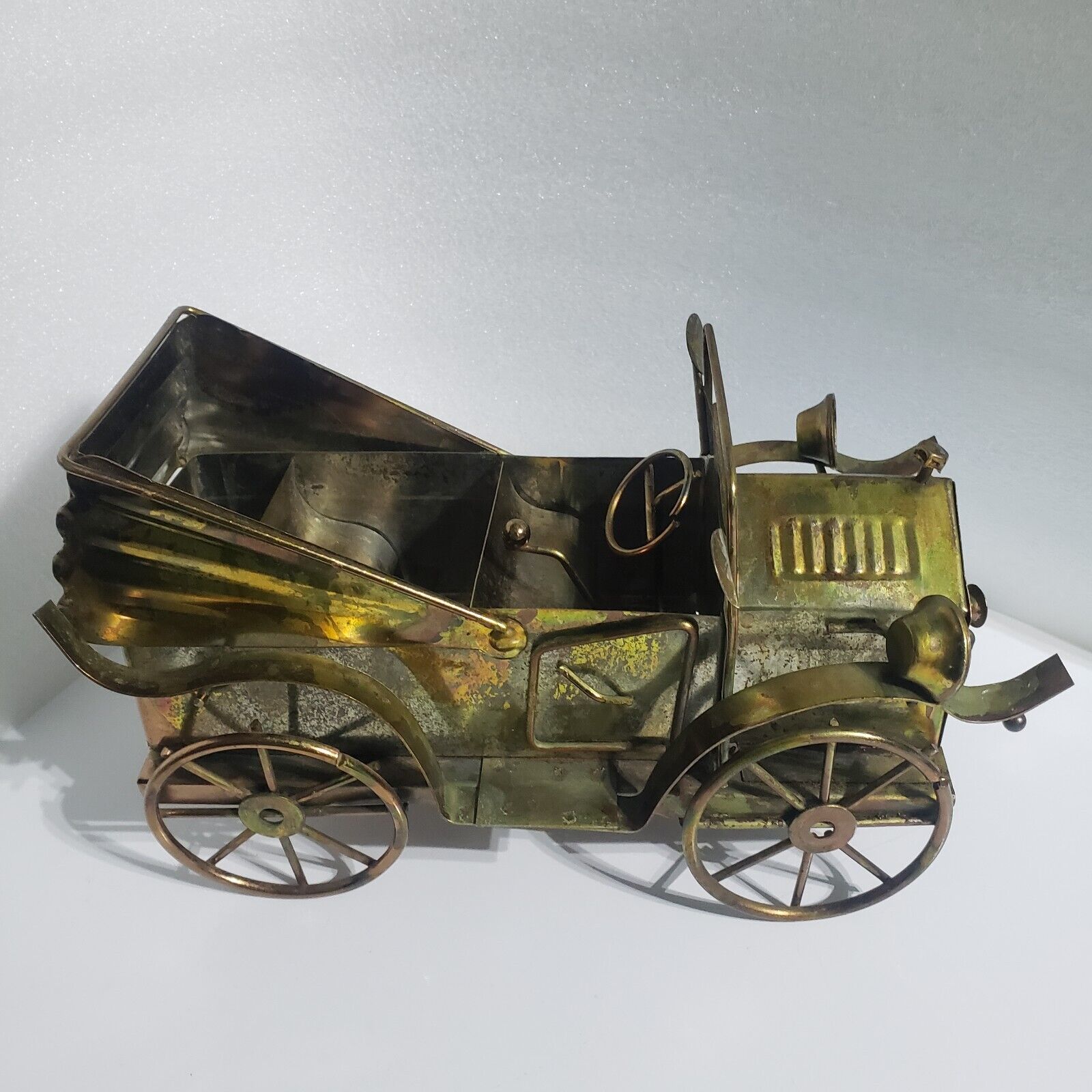  Vintage Copper Tone Tin Welded Metal Art Car Music Box Plays King Of The Road