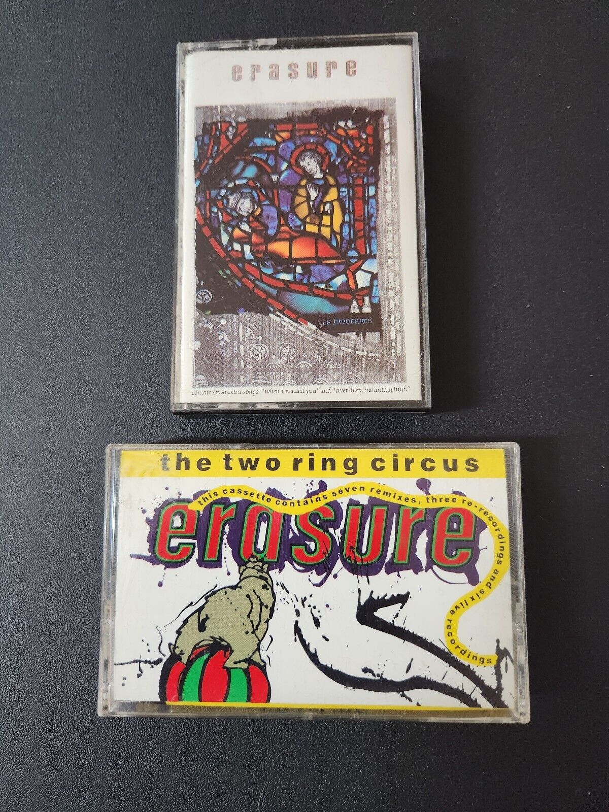 VINTAGE PAIR OF CASSETTE TAPES BY ERASURE TWO RING CIRCUS AND THE INNOCENTS