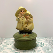 Vintage Ceramic Music Box Children In Yellow Raincoats Raindrops Keep Falling... picture