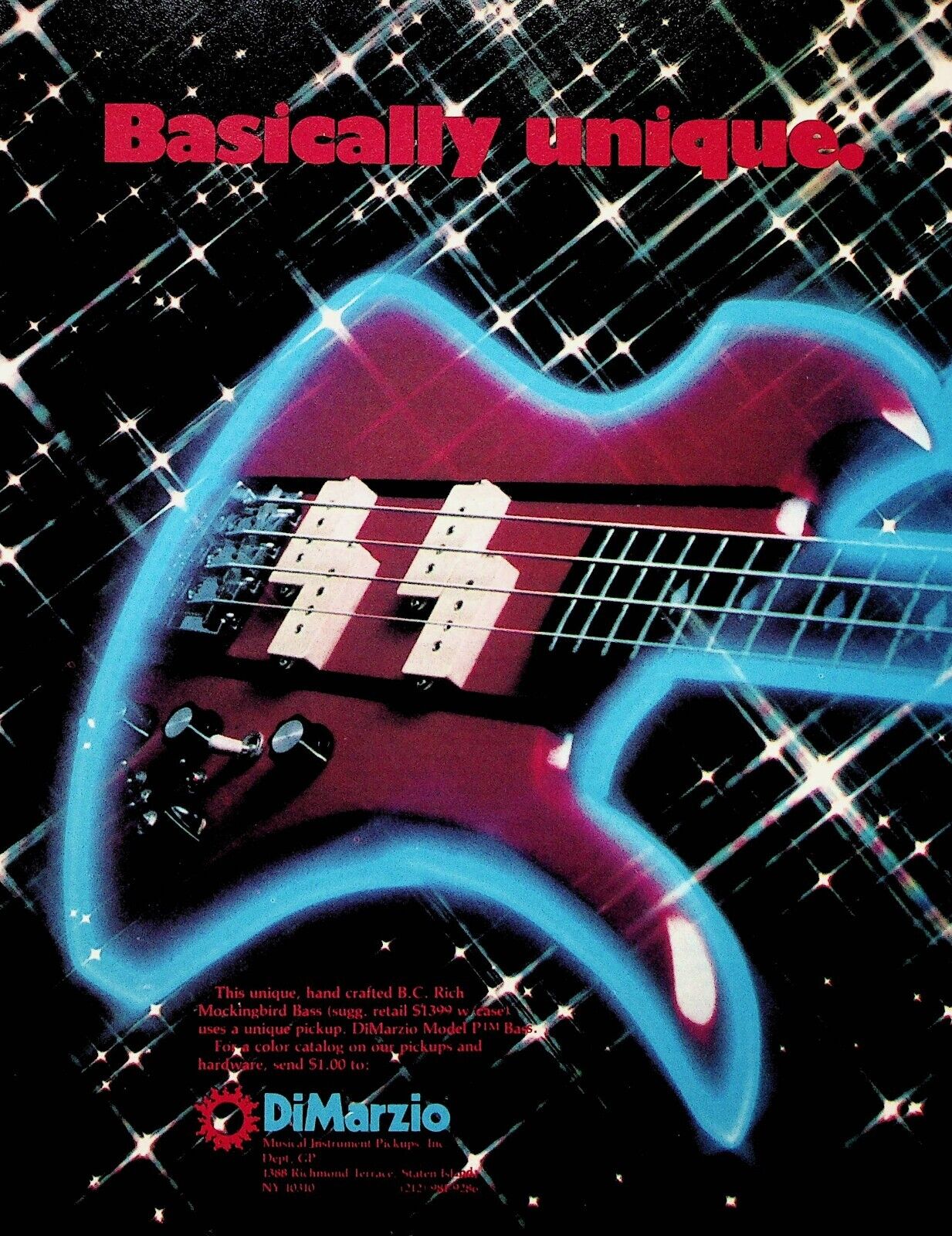 1980 BC Rich Mockingbird Bass Guitar & DiMarzio Pickup - Vintage Advertisement