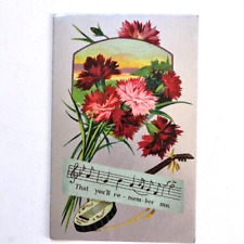 Antique Postcard  Remember Me Lyrics  Mandolin Carnations Landscape Silver picture