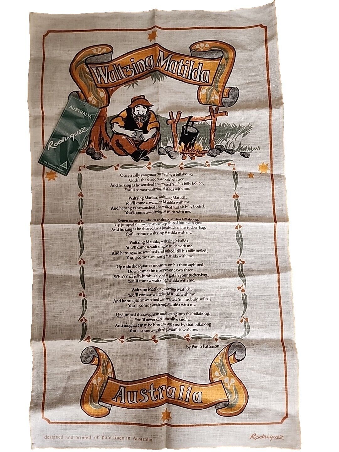 Rodriguez linen tea towel, Australia, New 18 X 32 Waltzing Matilda Song Banjo P.