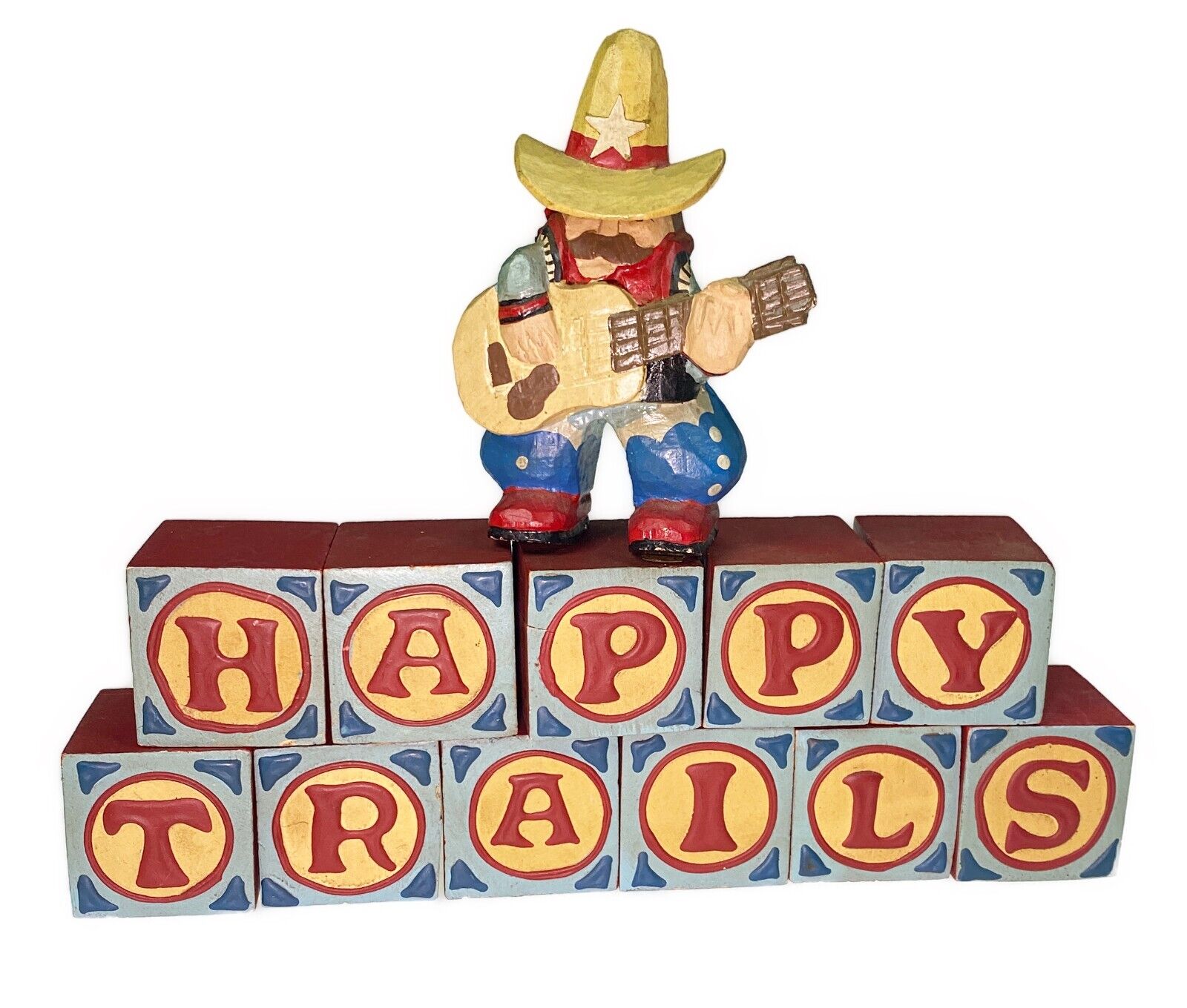 Happy Trails Wood Blocks Cowboy Guitar Figurine Midwest Cannon Falls 12 Piece