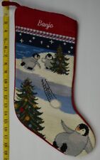 LANDS END Penguins Wool Needlepoint Christmas Stocking Monogrammed BANJO picture