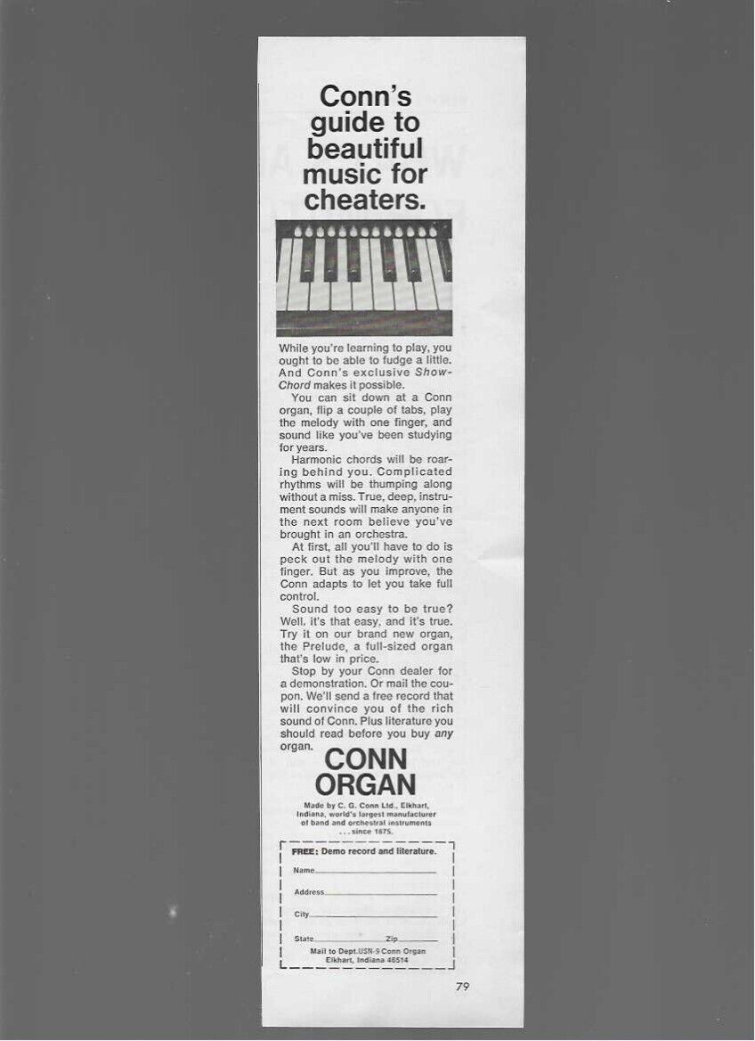 Conn Organ Guide To Beautiful Music For Cheaters 1969 Old Vintage Print Ad
