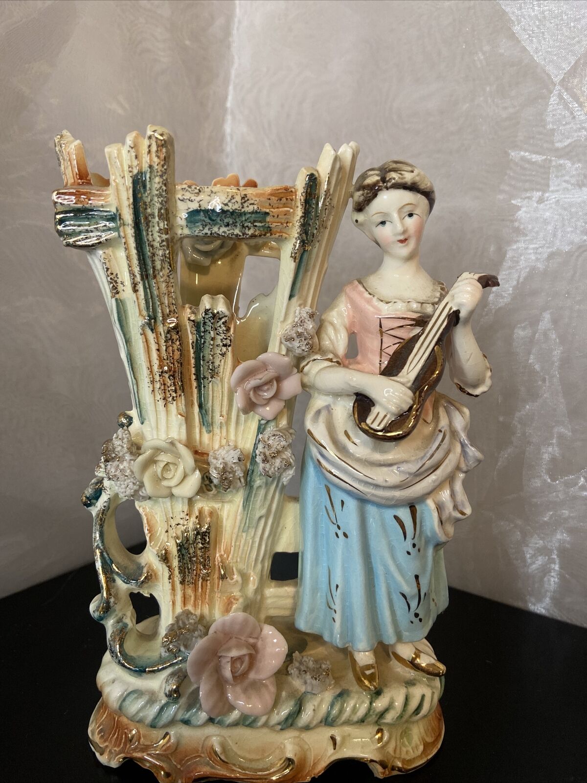 Vintage Ceramic Bud Vase Colonial Lady Woman Playing Guitar ukulele Unique