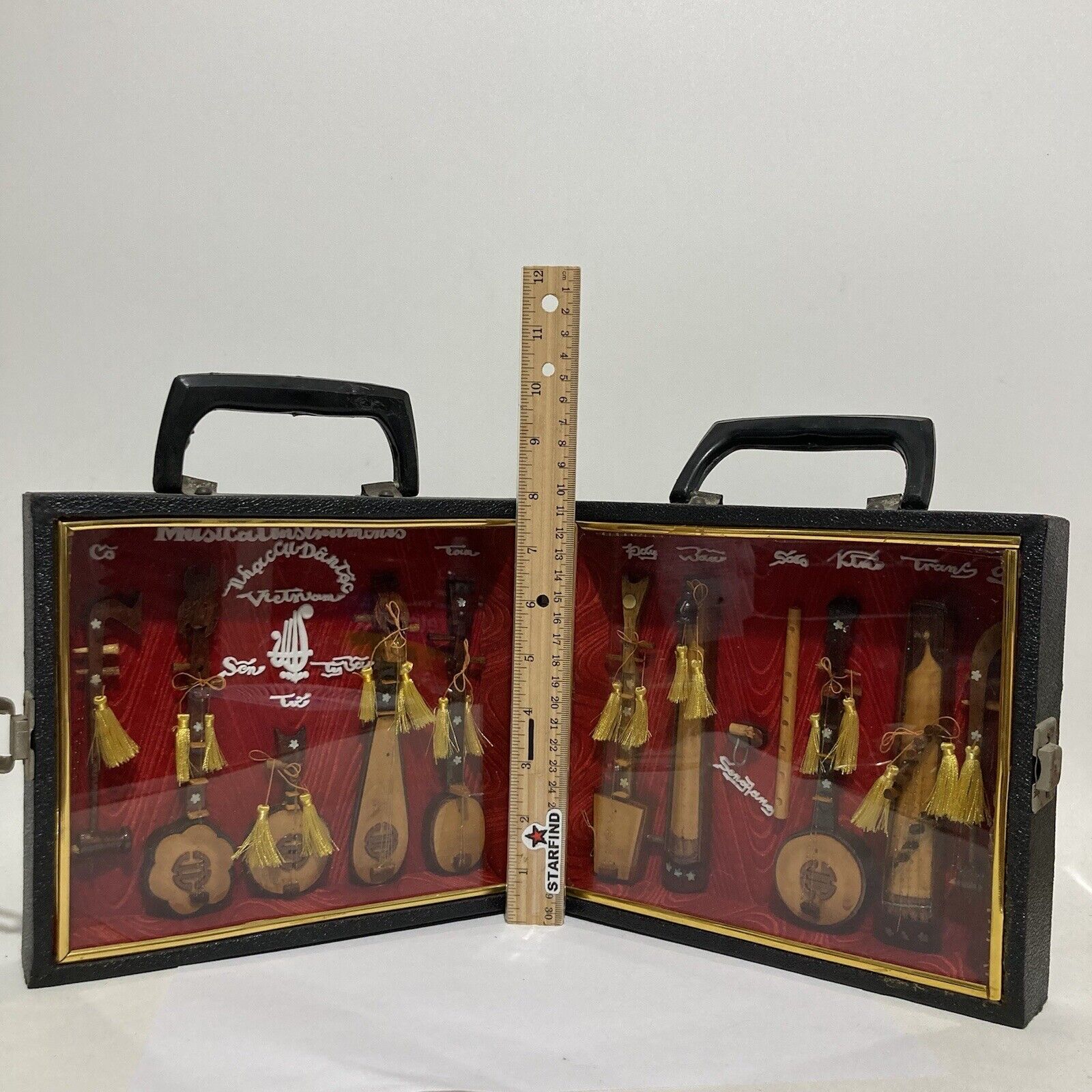 VINTAGE VIETNAM MINIATURE Music Stringed Instruments Case Display Box Handmade