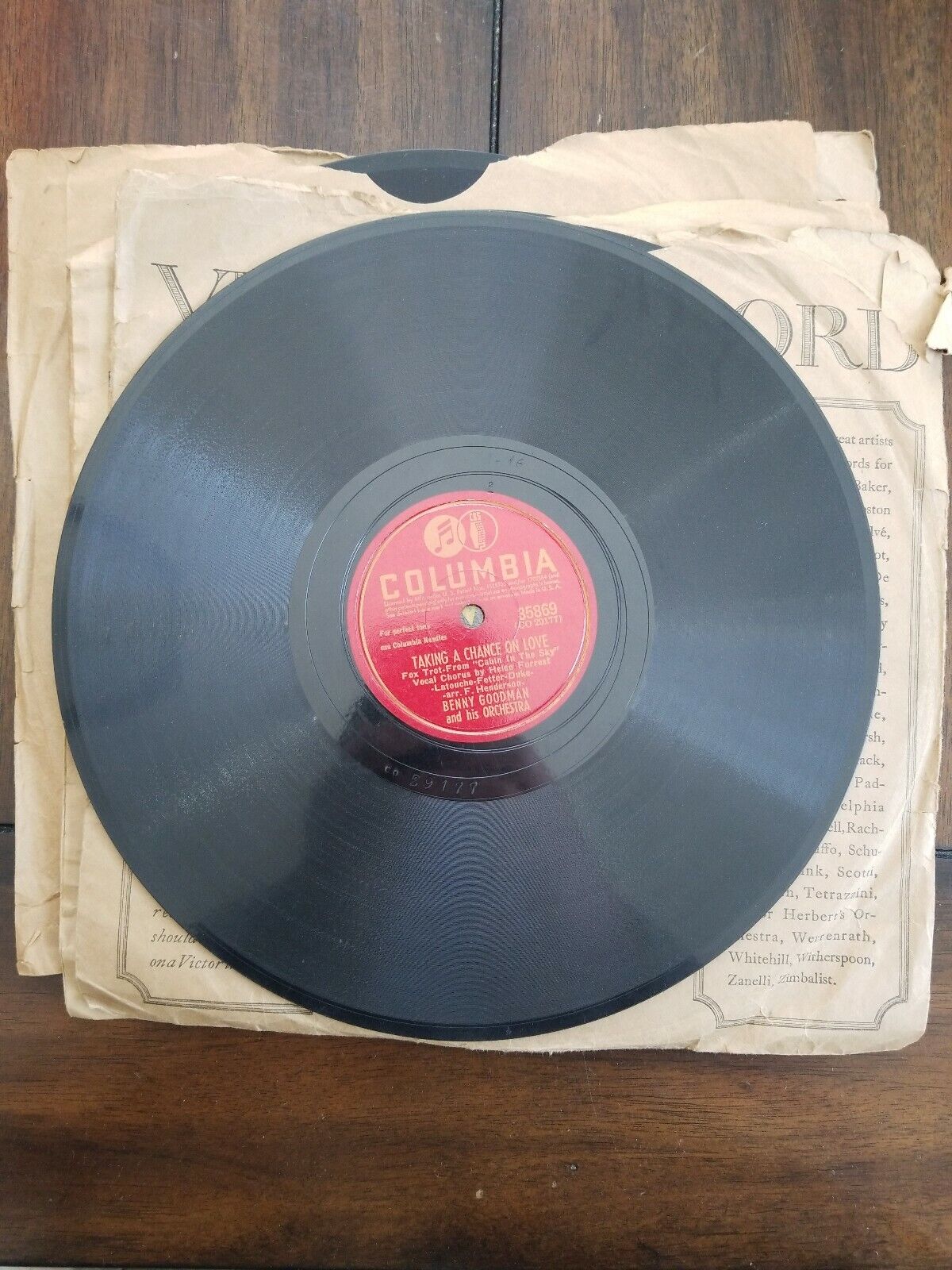 vintage 78 RPM shellac record Columbia 35869 Benny Goodman Cabin Sky/Chance Love