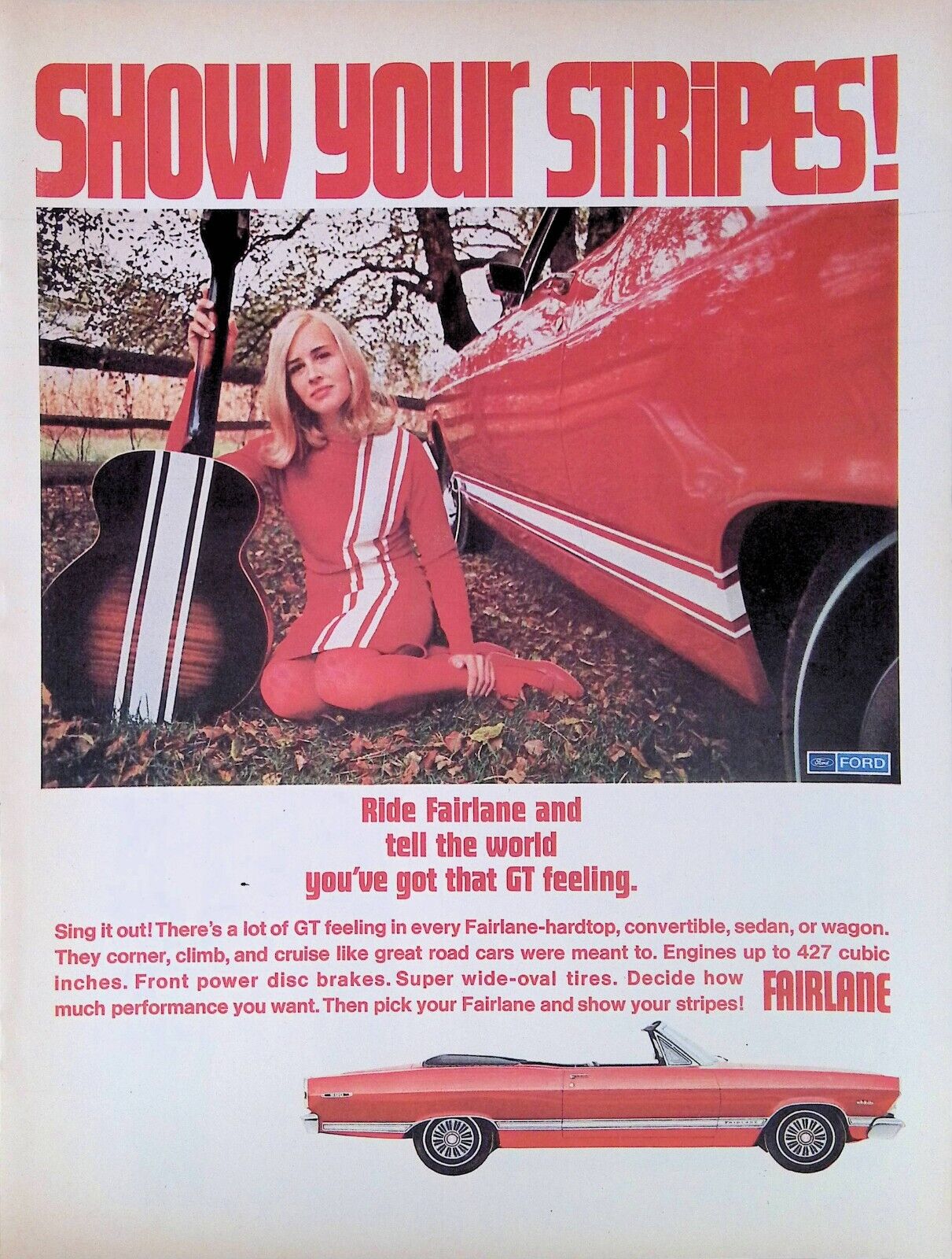 Print Ad 1967 Red Ford Fairlane Convertible GT 427 Pretty Blonde Woman Guitar