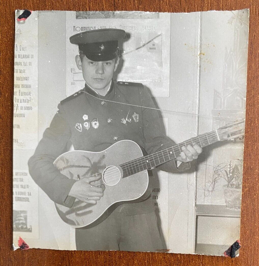 Handsome Guy with Guitar, Military Man Musician, Gay Int Vintage photo