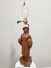Hand Carved Wooden Farmer Woman Holding Wheat Sheaves  Lamp Countryside Vtg Rare picture