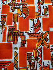 Vintage Hawaiian Fabric MCM 60s Wall Decor Tiki Boats Drums Orange 100