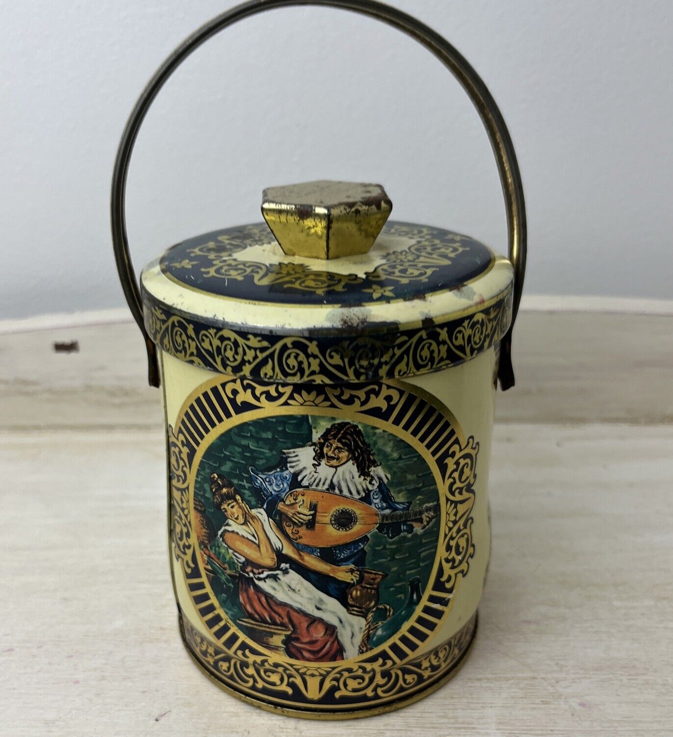 Vintage GUITAR Tin Box Serenade Bucket w Handle & Lid Made in England Decor