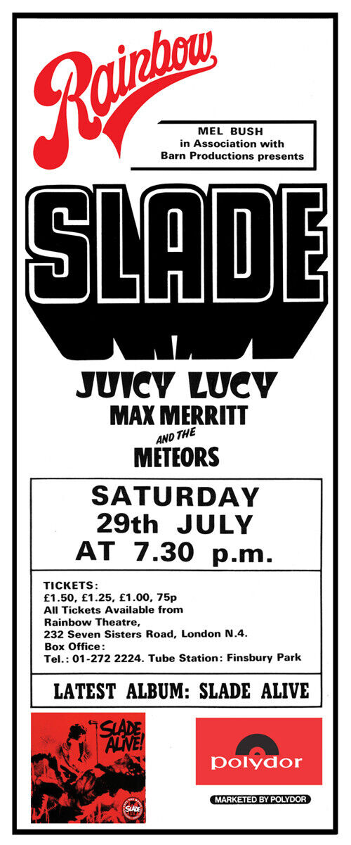 SLADE - JUCY LUCY AT THE RAINBOW THEATRE LONDON - GIG POSTER