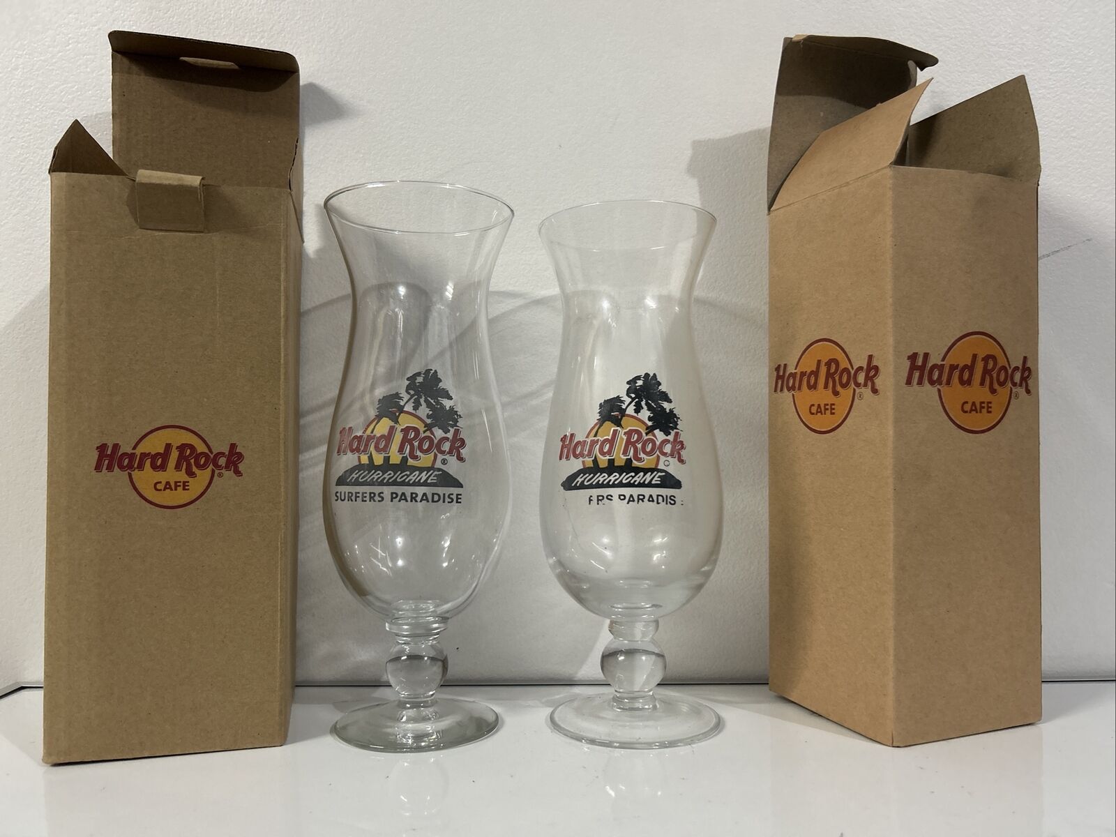 Hard Rock Cafe Hurricane Glass Surfers Paradise x 2 - New in Box - Collectable