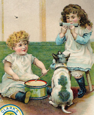 Clark's O.N.T. Spool Cotton Victorian Trade Card Girls Playing Harmonica Drum picture