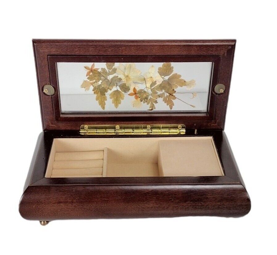 Wooden Pressed Flower Glass Footed Musical Trinket Vintage 80s Jewelry Box