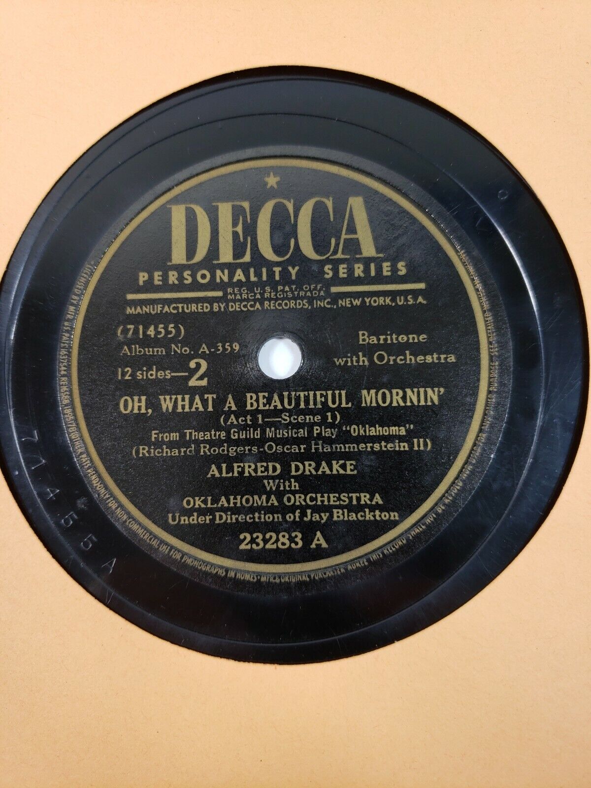 ALFRED DRAKE OKLAHOMA / OH, WHAT A BEAUTIFUL MORNIN' 78 RPM RECORD V+/V+ B2