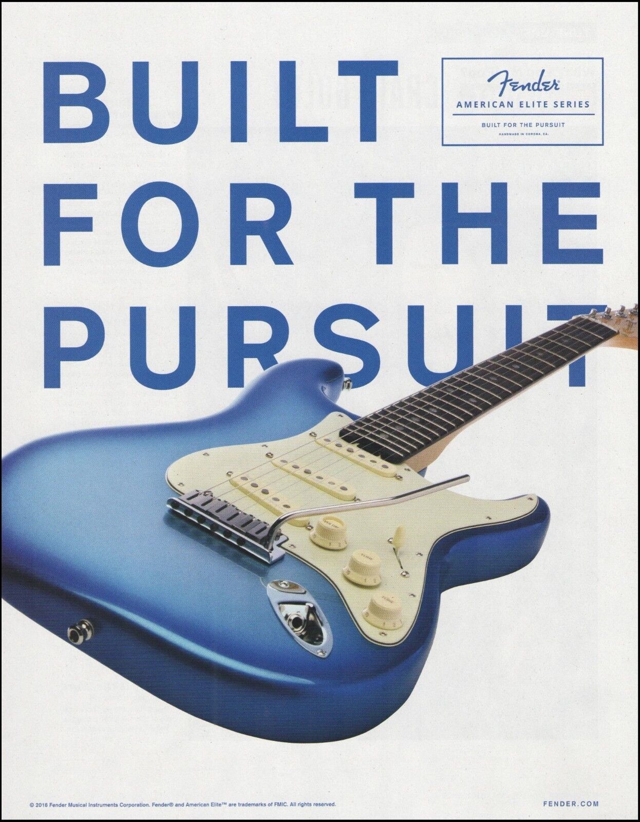 Fender American Elite Series Blue Stratocaster guitar ad 2016 advertisement
